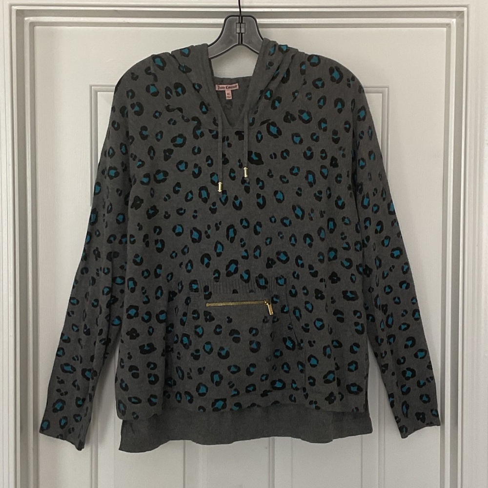 Juicy Couture newGray Hoodie with Blue Leopard Print